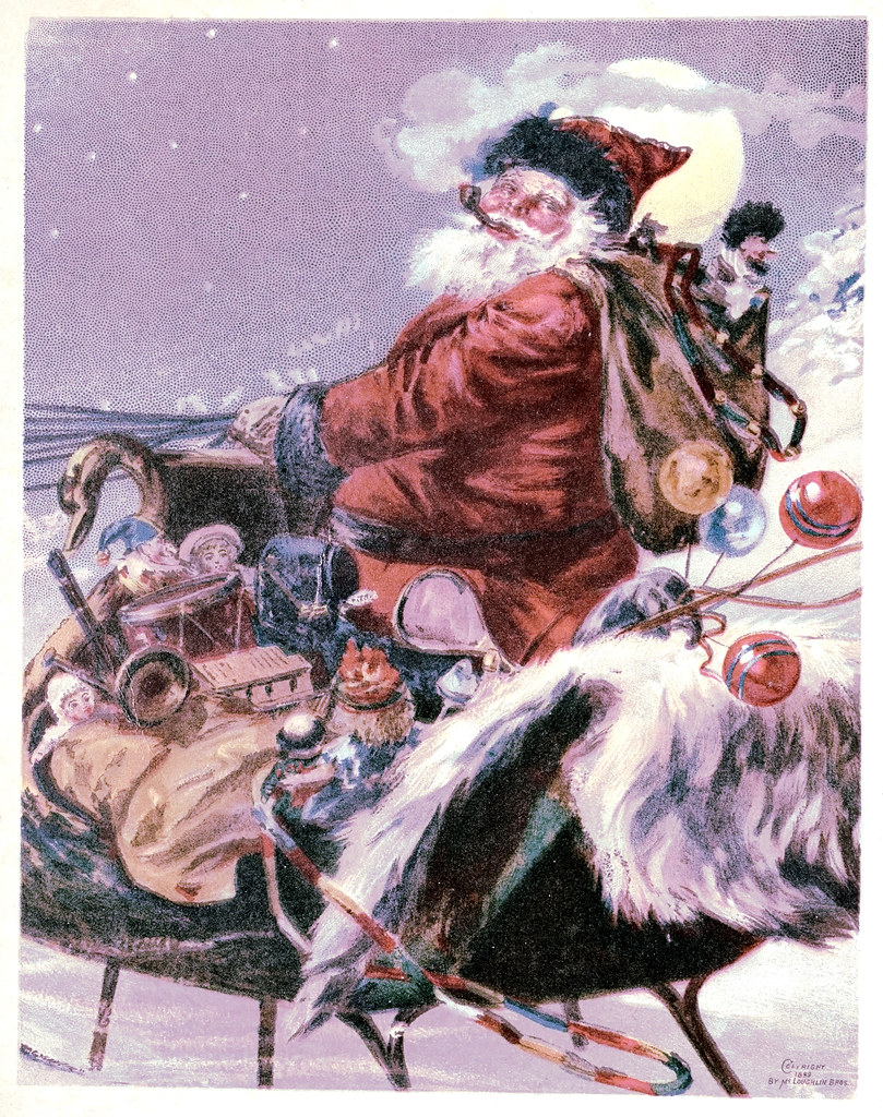 A drawing of Santa Claus with a pipe on his sleigh.
