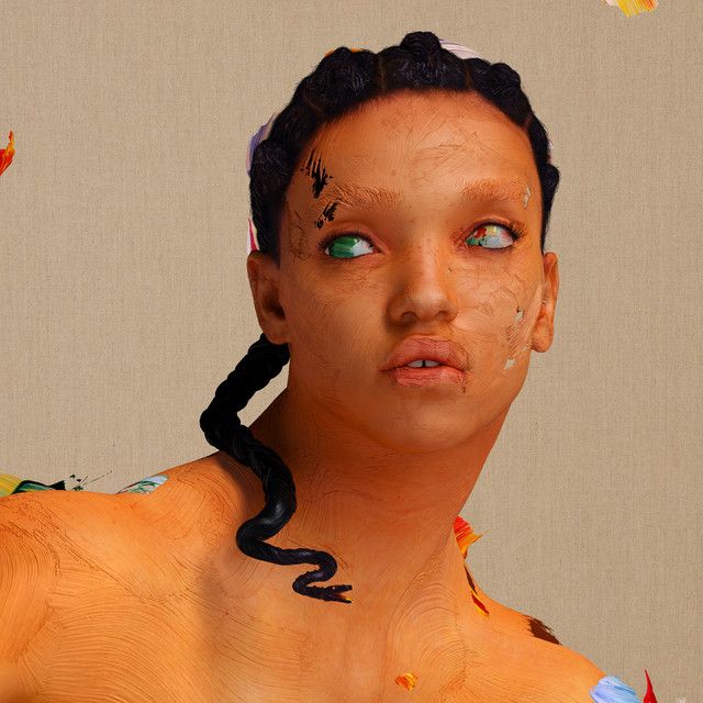 A computer made copy of fka twigs with braids and blue,red and green paint covering each eye