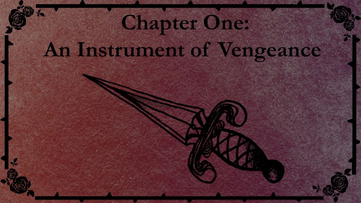 Chapter One title slate with a drawing of Alphonse’s dagger.