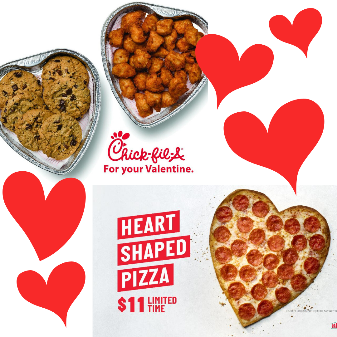 Photos of heart shaped Chicfila platters and a Papa Johns heat shaped pizza with animated hearts around them.