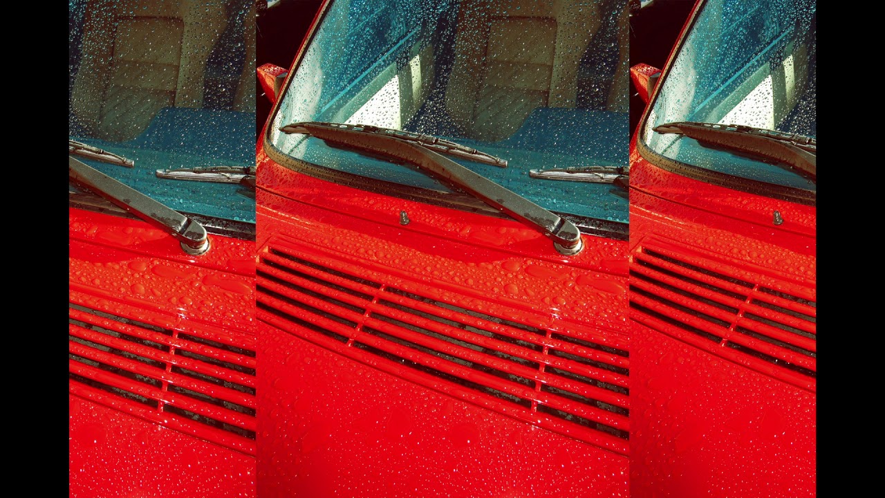This is a trifold image of the hood and windshield of a red glossy car with water droplets spread sporadically.
