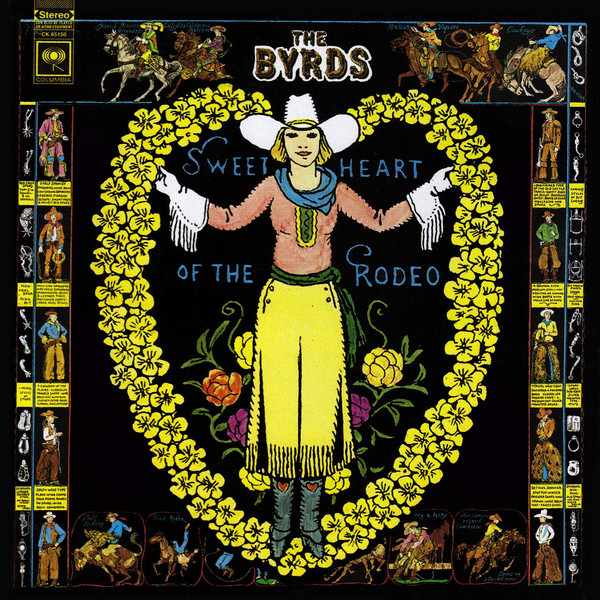 A wreath comprised of what appears to be hand drawn yellow flowers with a woman in a cowboy hat standing in the center. Smaller images of cowboys line the outside edges of the picture as well.