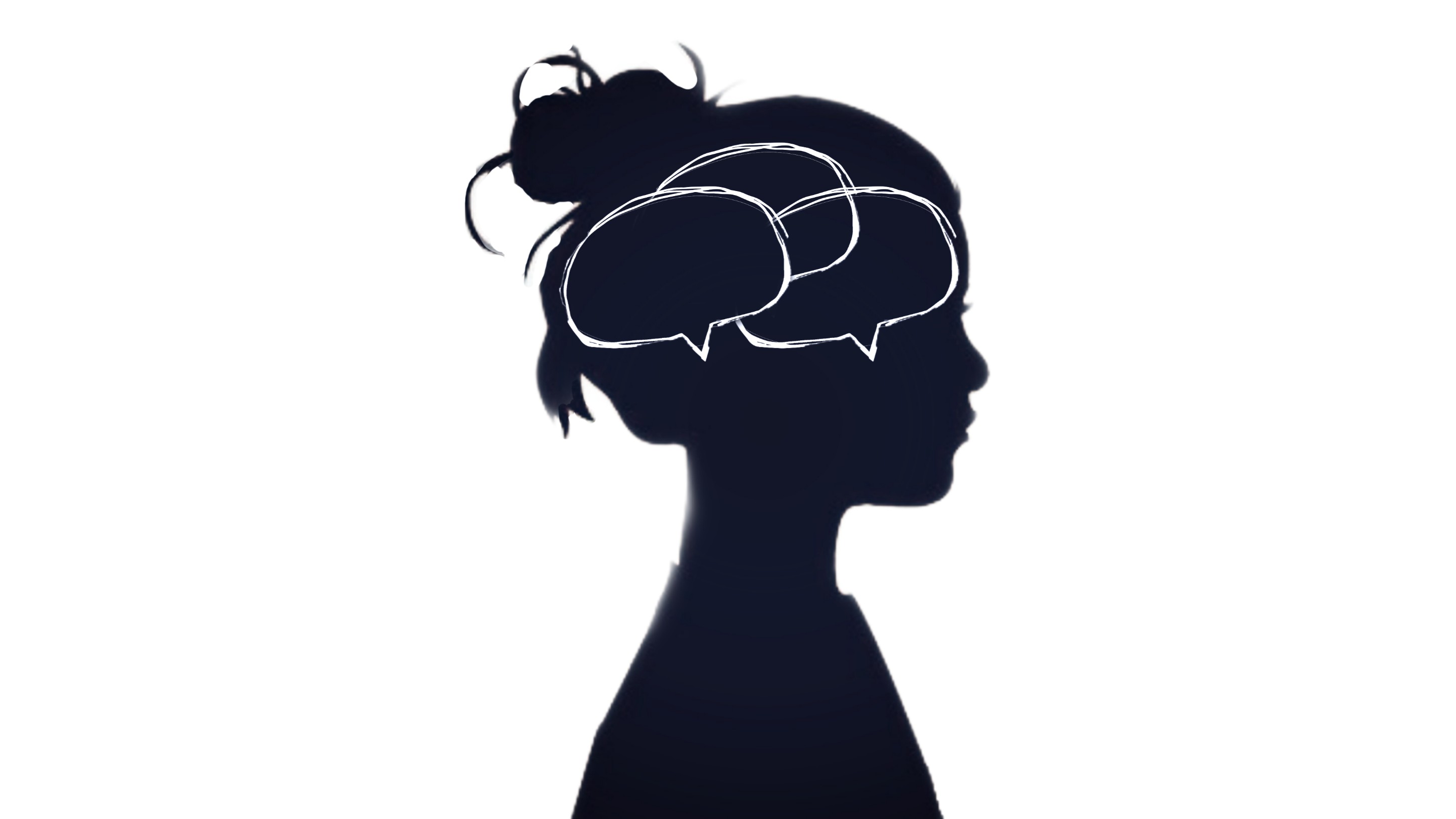 Silhouette of a girl with thought bubbles in her head.