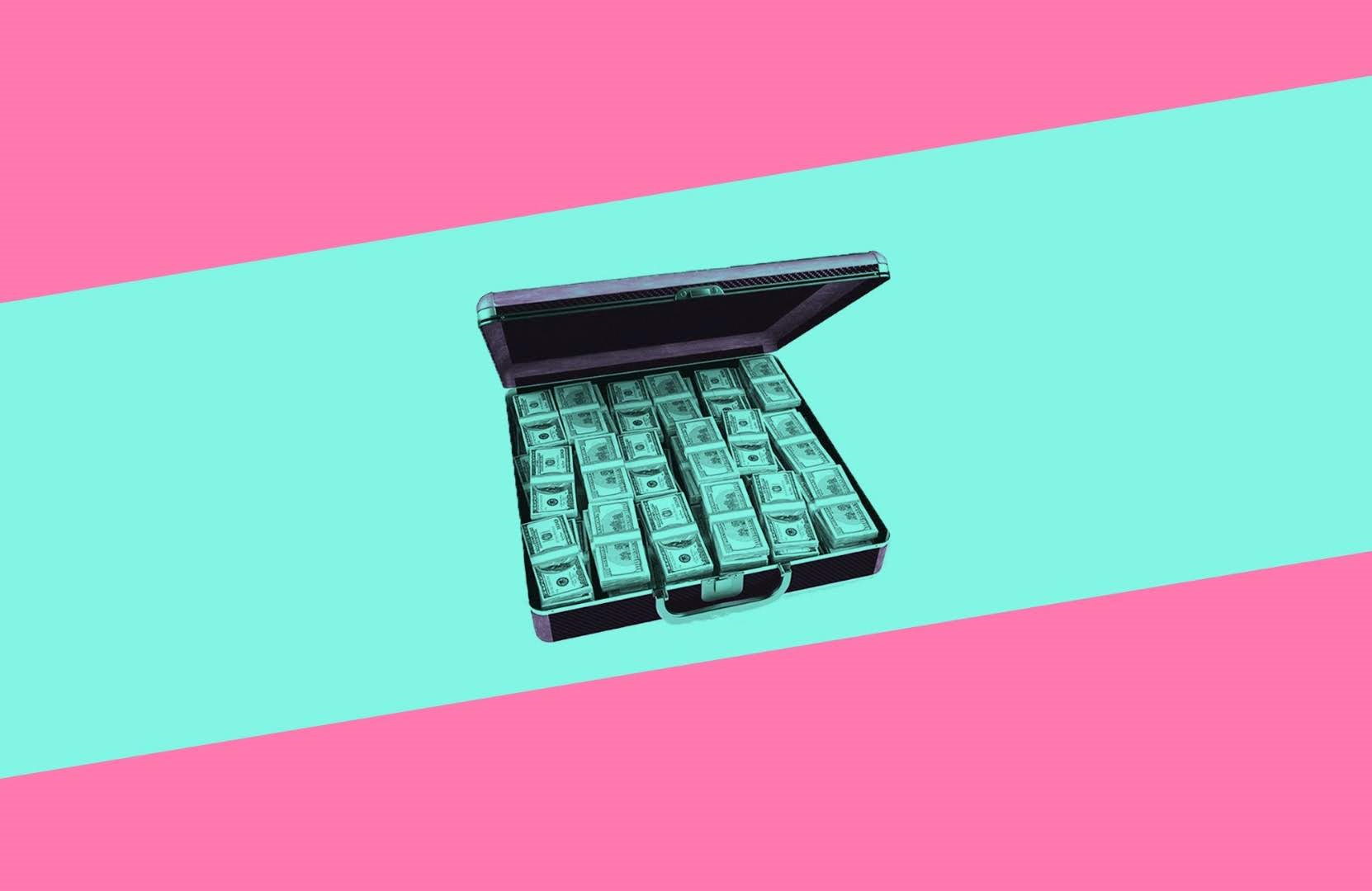 pink and turquoise striped background with a briefcase filled with money in the middle