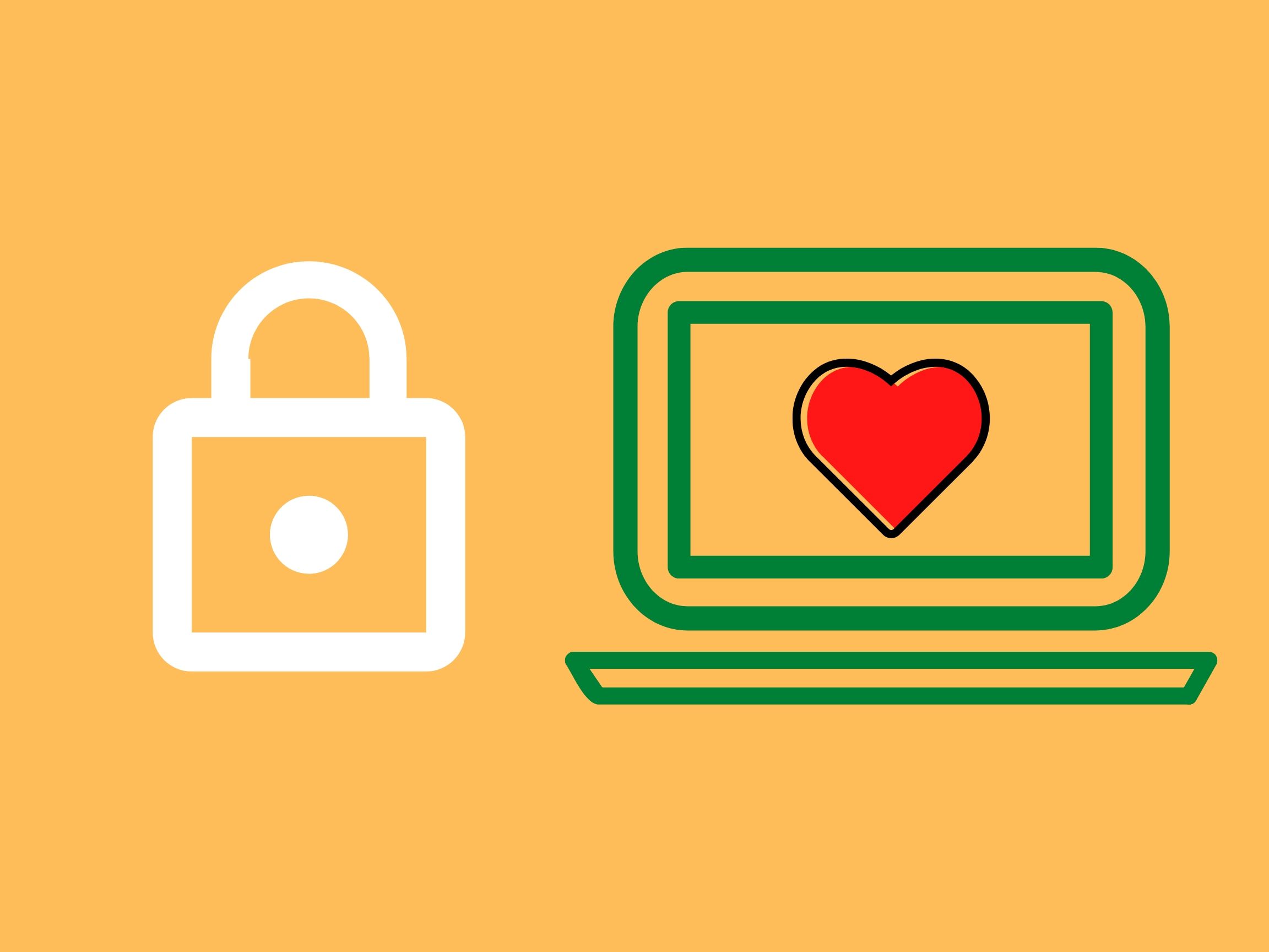 a yellow background with a computer screen with a red heart and a white locket next to it.