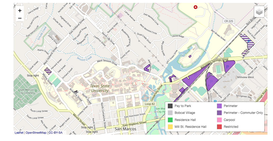 Map of the commuter parking lots at Texas State University.