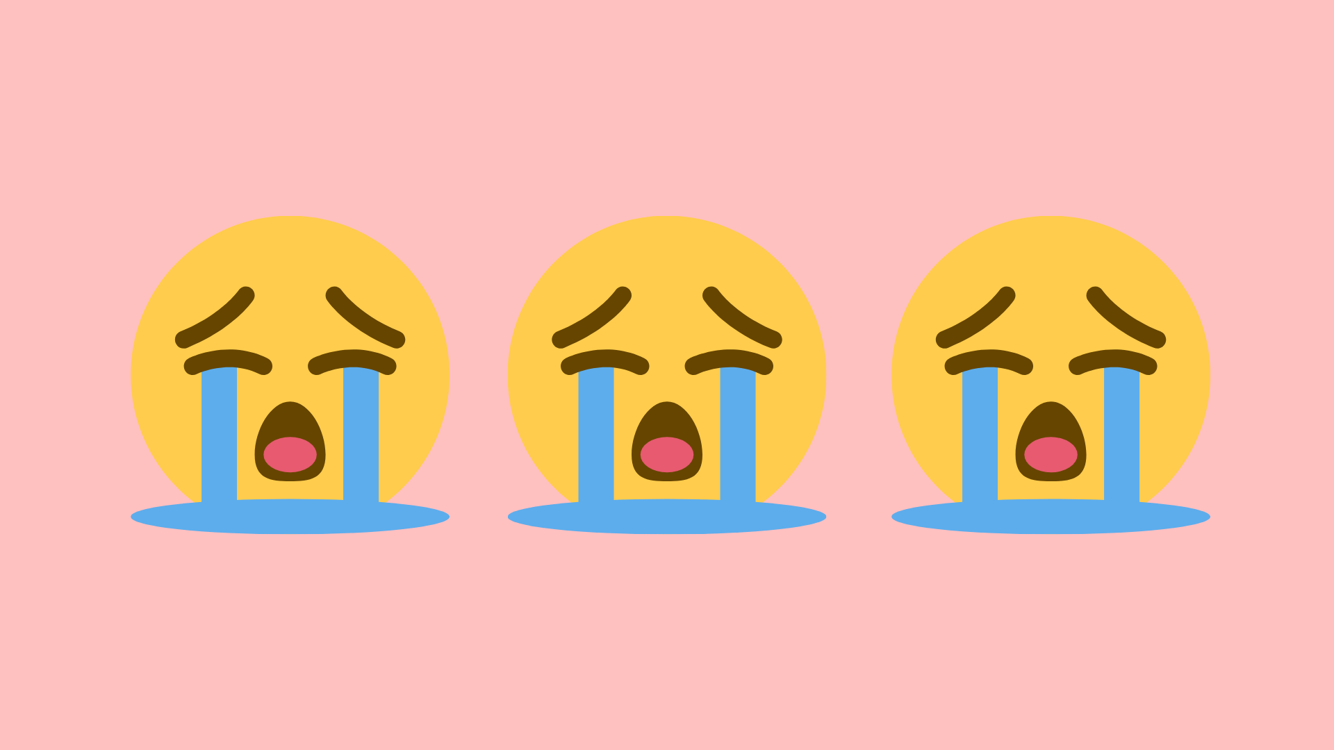 Three yellow sad crying face emojis on a pink background