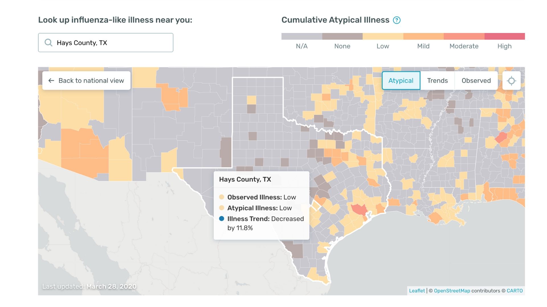 screenshot from Kinsa Health Weather Map and a chart for Hays’ County.