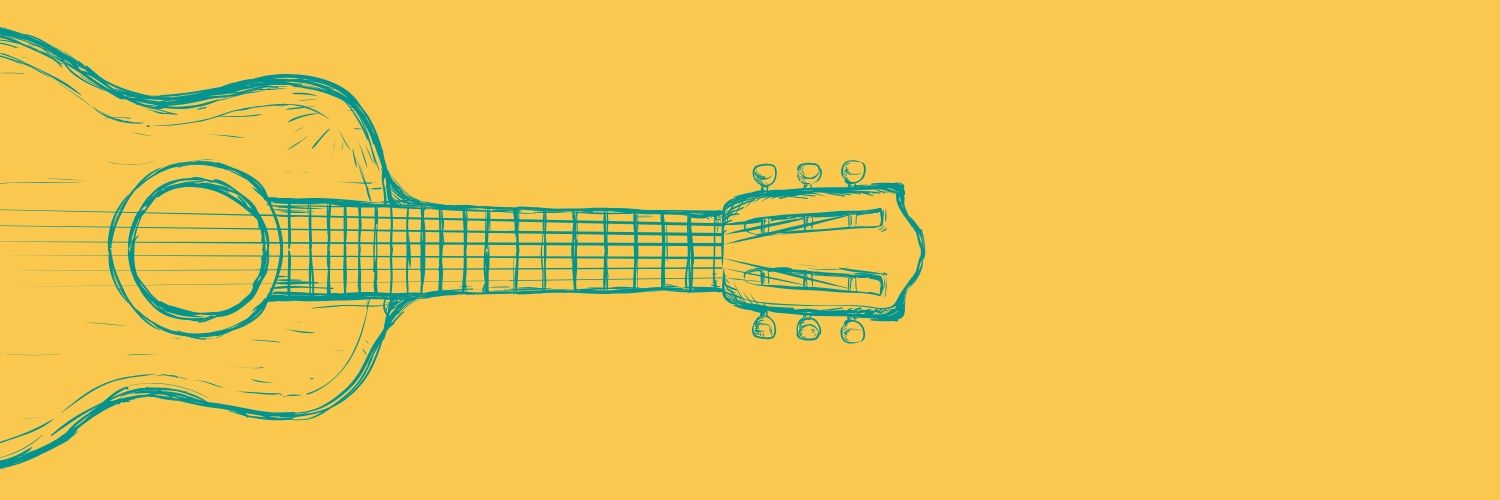 The picture is a transparent acoustic guitar against a yellow background.