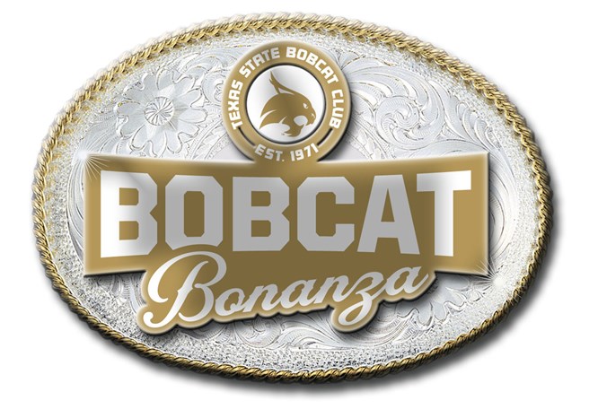 An image of a gold and silver belt buckle that reads “Bobcat Bonanza” and has the Texas State Bobcat Club logo above the “Bobcat Bonanza” title.