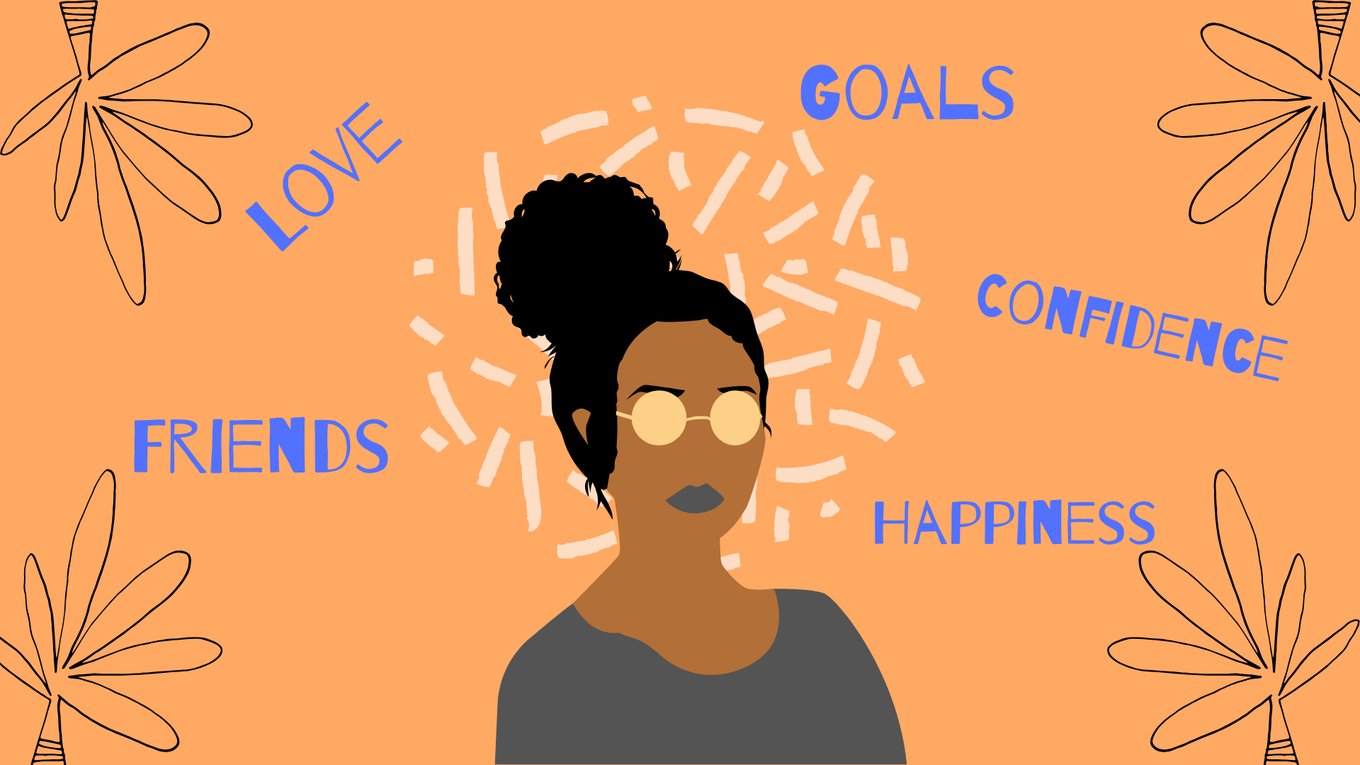 A drawing of a brown skin tone girl wearing shades with blue words of affirmation