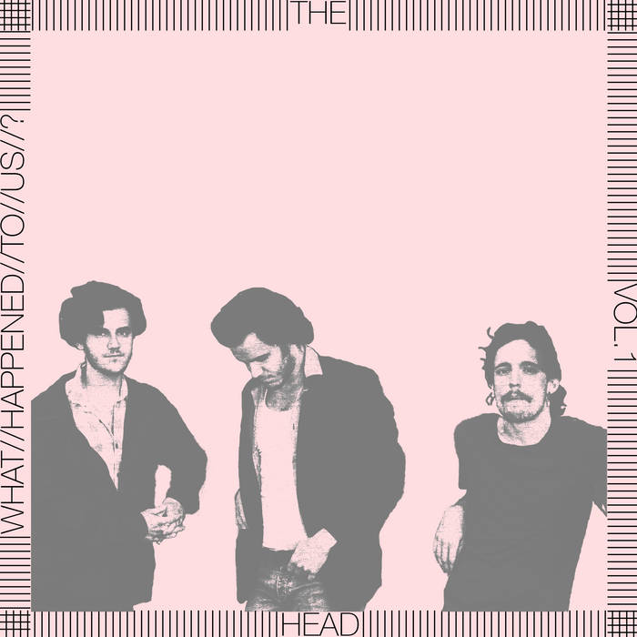 The album cover is a pale pink that has three figures on it, the members of the band.  The sides of the cover have the name of the album and the band.  