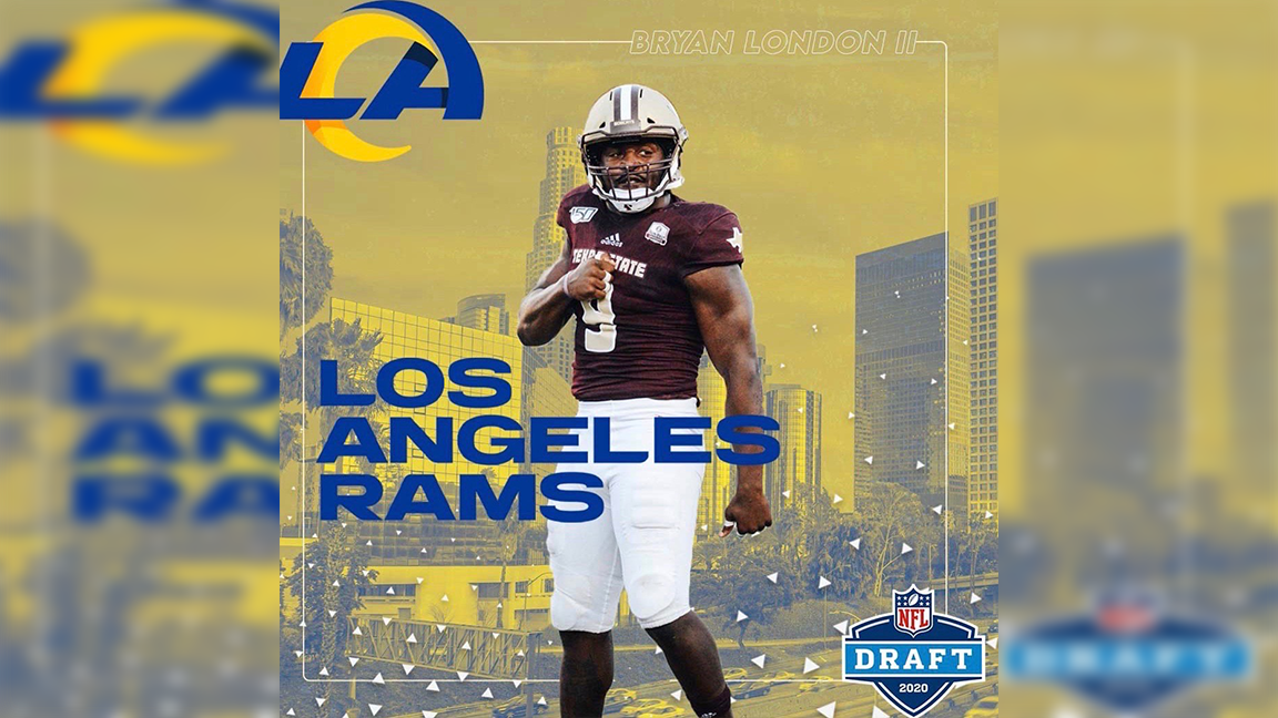 Photo of Bryan London II wearing number nine for Texas State. The graphic includes the Los Angeles Rams logo, colors, and background of the city of Los Angeles. Photo of Bryan London II wearing number nine for Texas State. The graphic includes the Los Angeles Rams logo, colors, and background of the city of Los Angeles.