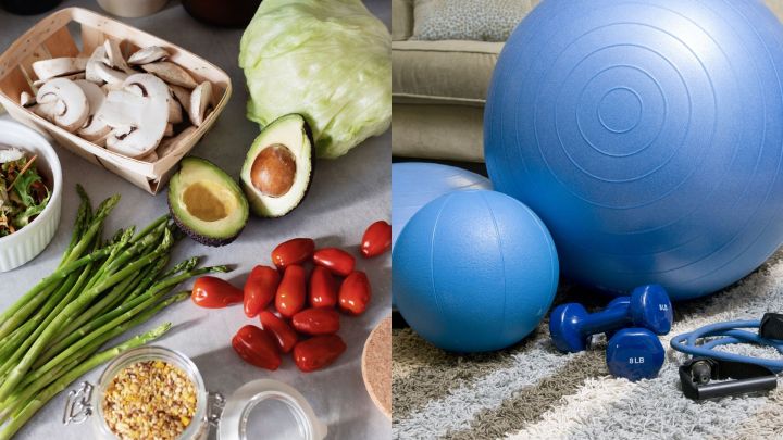 Collage of pictures of gym equipment and foods