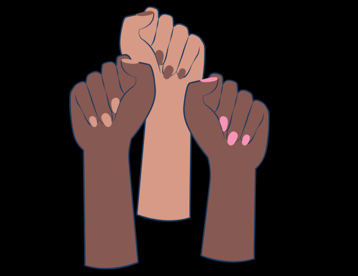 Brown fist are raised in solidarity against a black backdrop