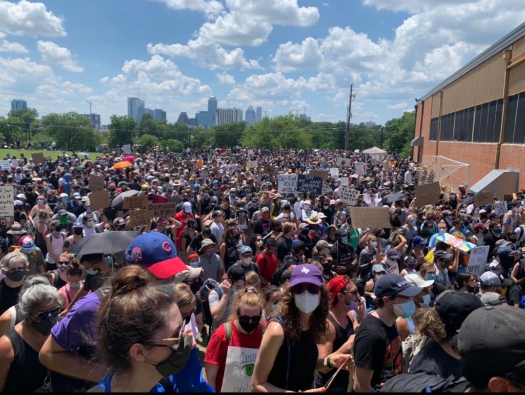 Photo of crowd outside Huston-Tillotson University