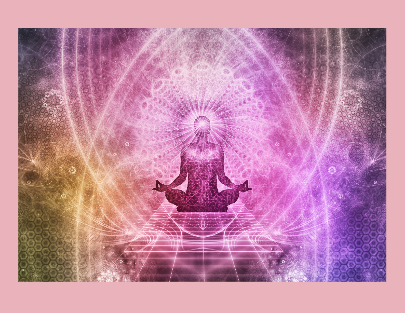 a meditating figure surrounded by pink/purple designs against a pink background