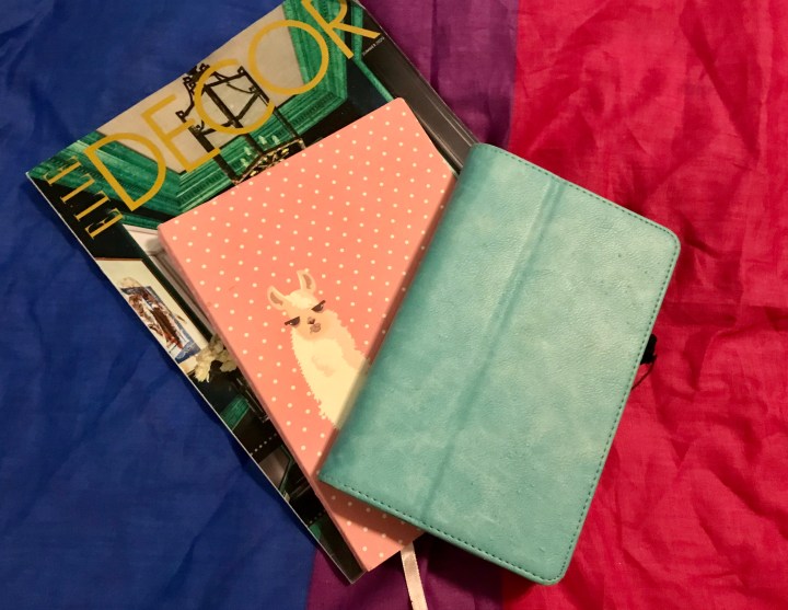 Image of turquoise kindle stacked on pink polka dot journal with llama characters stacked on Decor magazine placed on bisexual pride flag background.