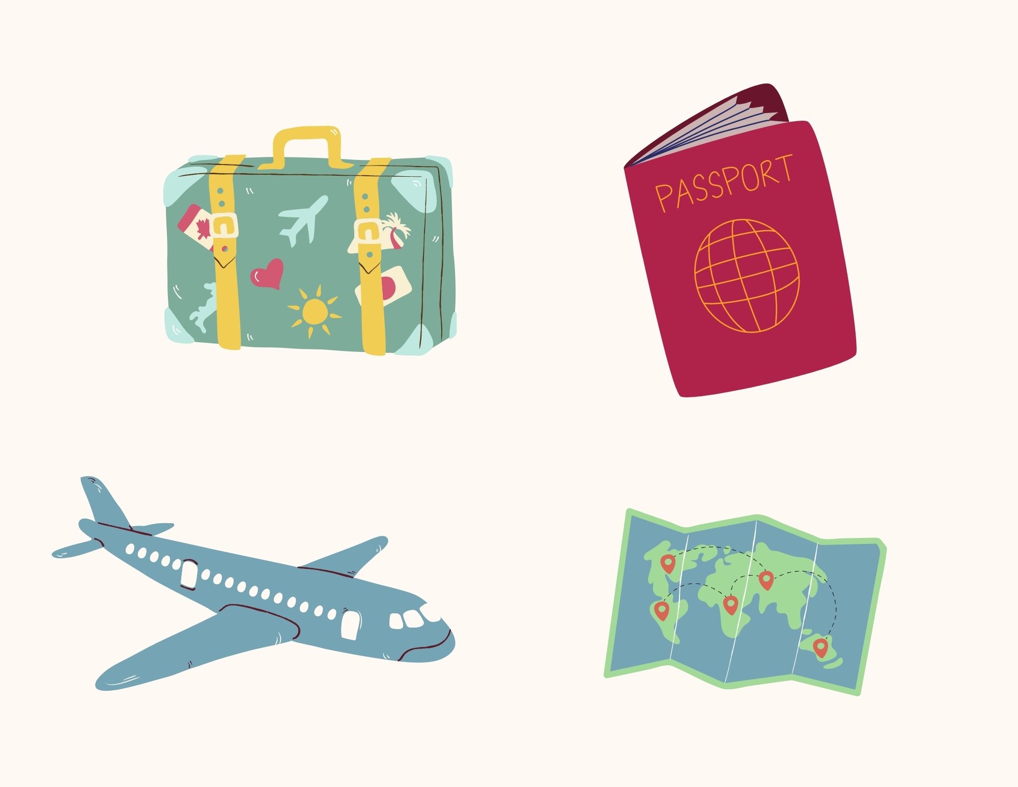 passport, map, suitcase, and an airplane