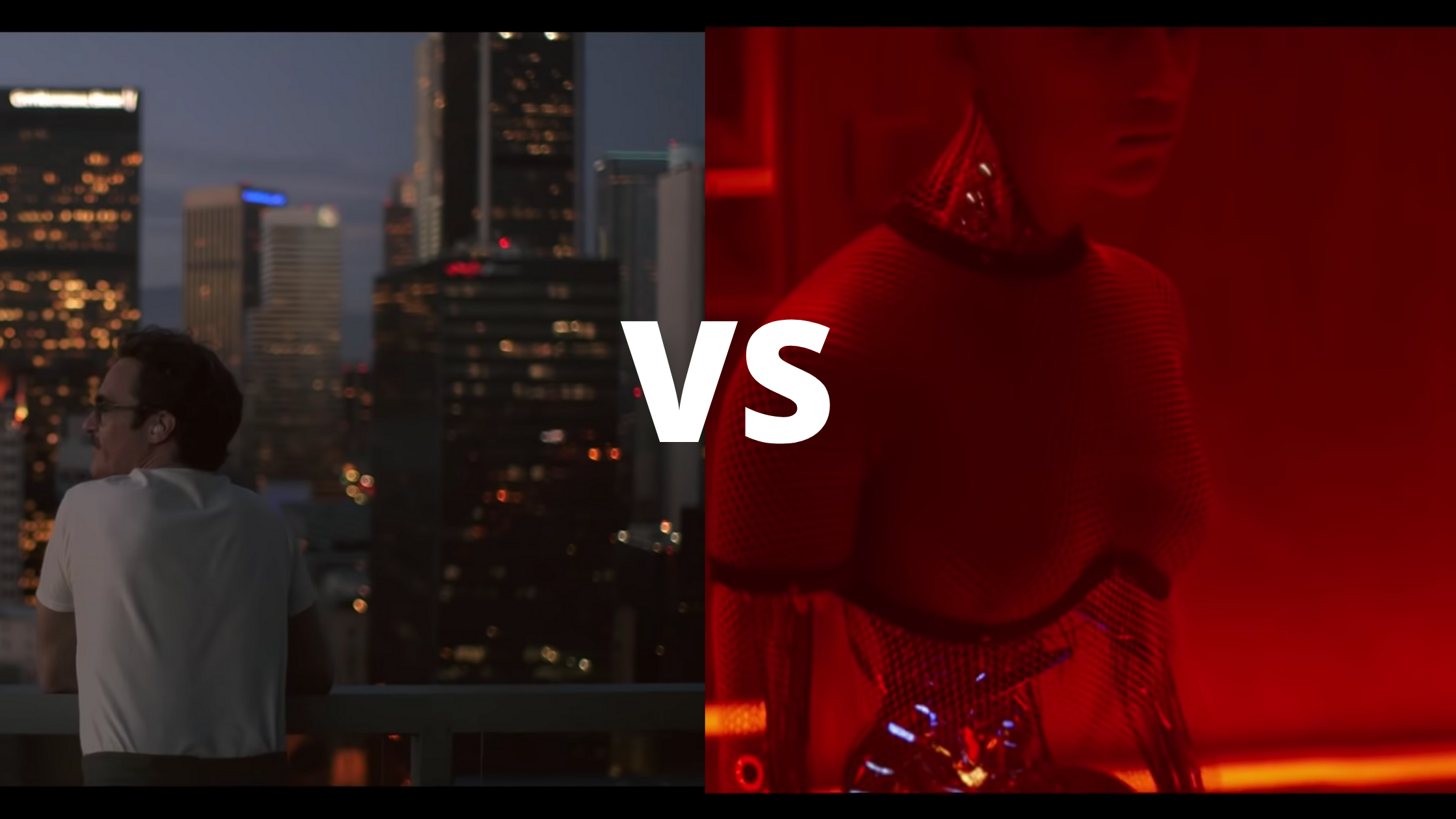 Photo of Ava from Ex Machina and Theodore from Her with a versus sign between them.