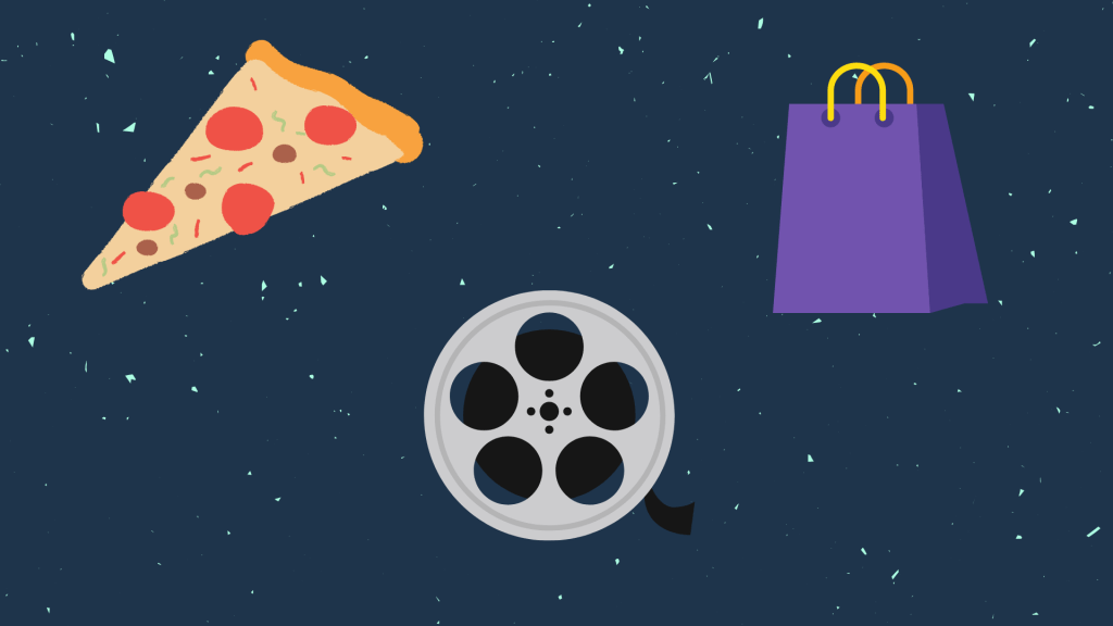 A photo of food, movie reel, and shopping bag