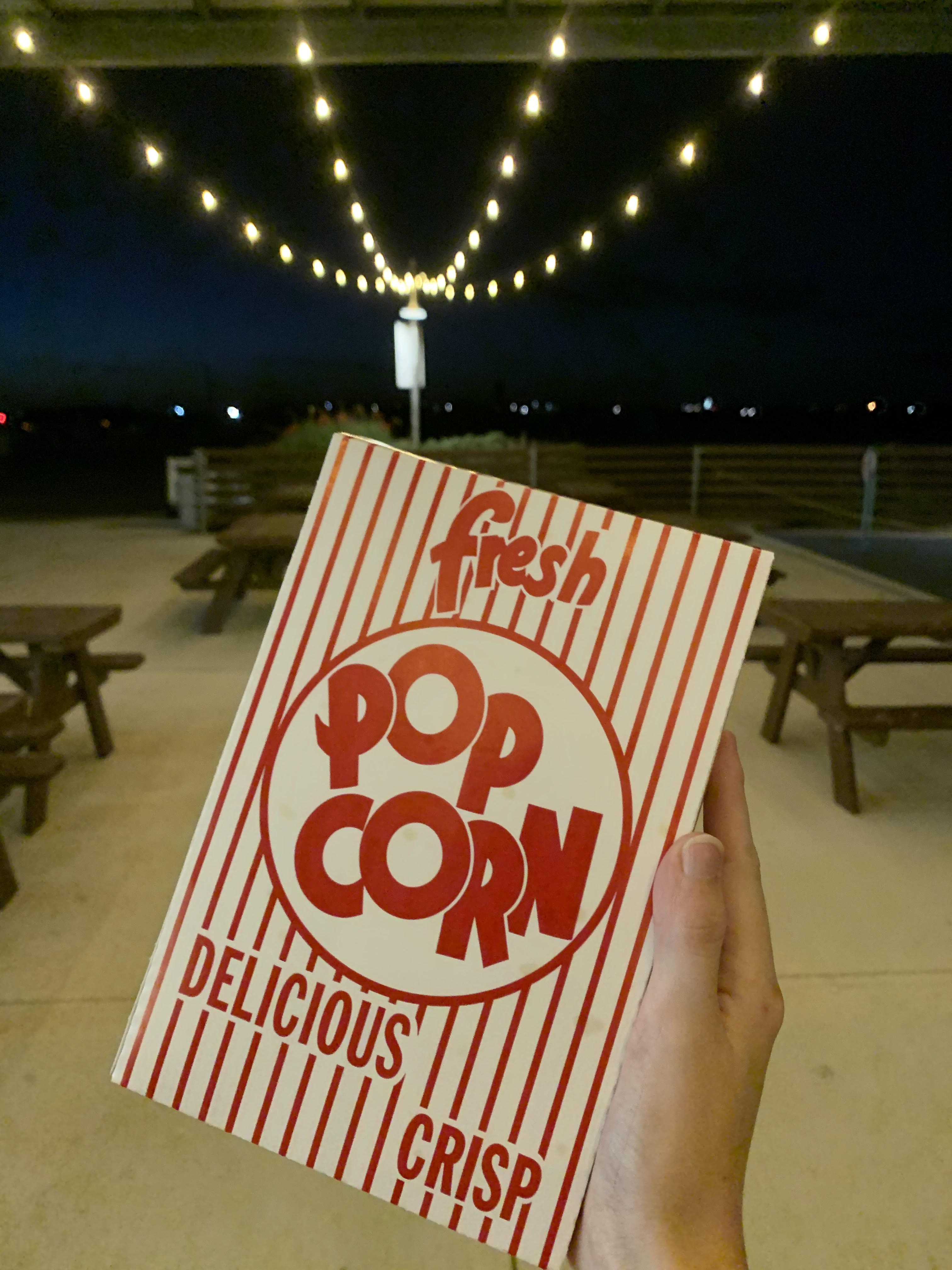 Outside the concession’s stand at Stars and Stripes of some popcorn