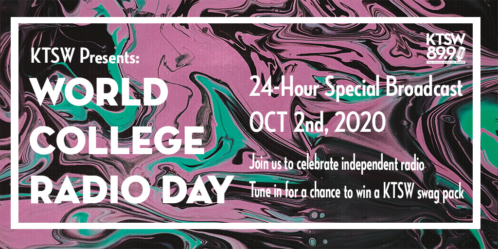 marble pink, blue, black background with white lettering saying ktsw presents world college radio day/