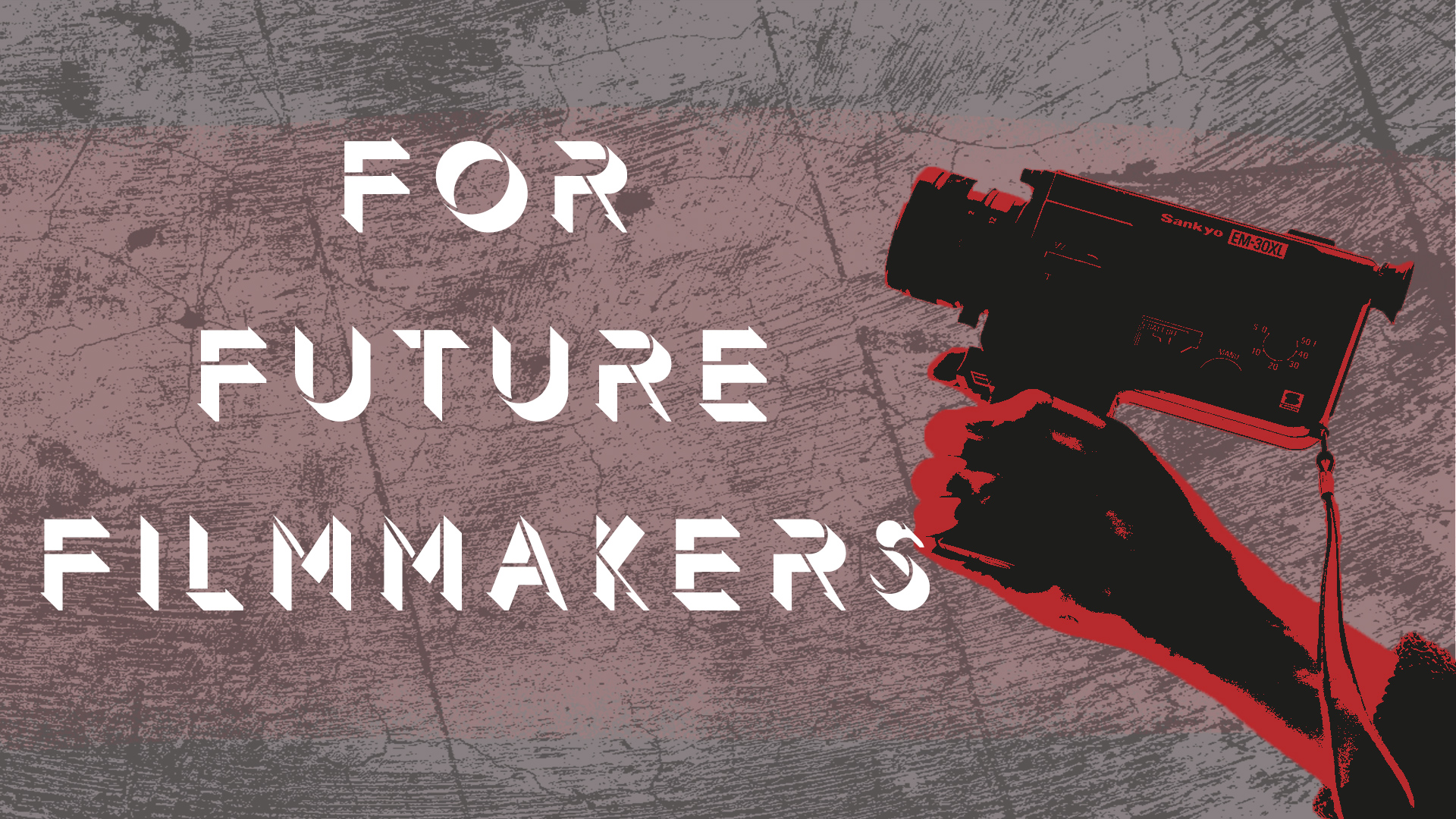 crackers background with hand holding a video camera (red) and text saying for future filmmakers