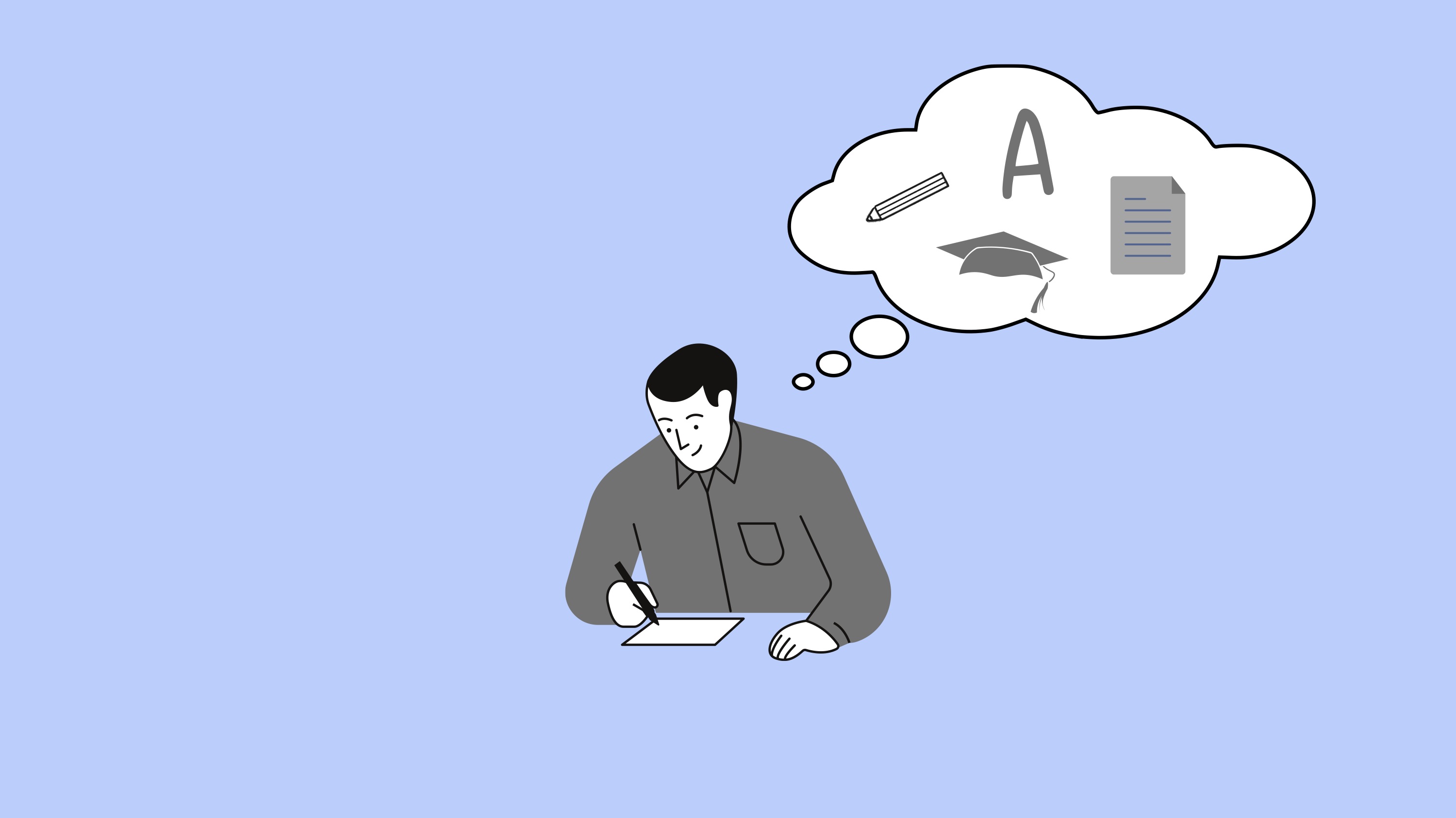 An image of a man with a thought-bubble including school-related thoughts.