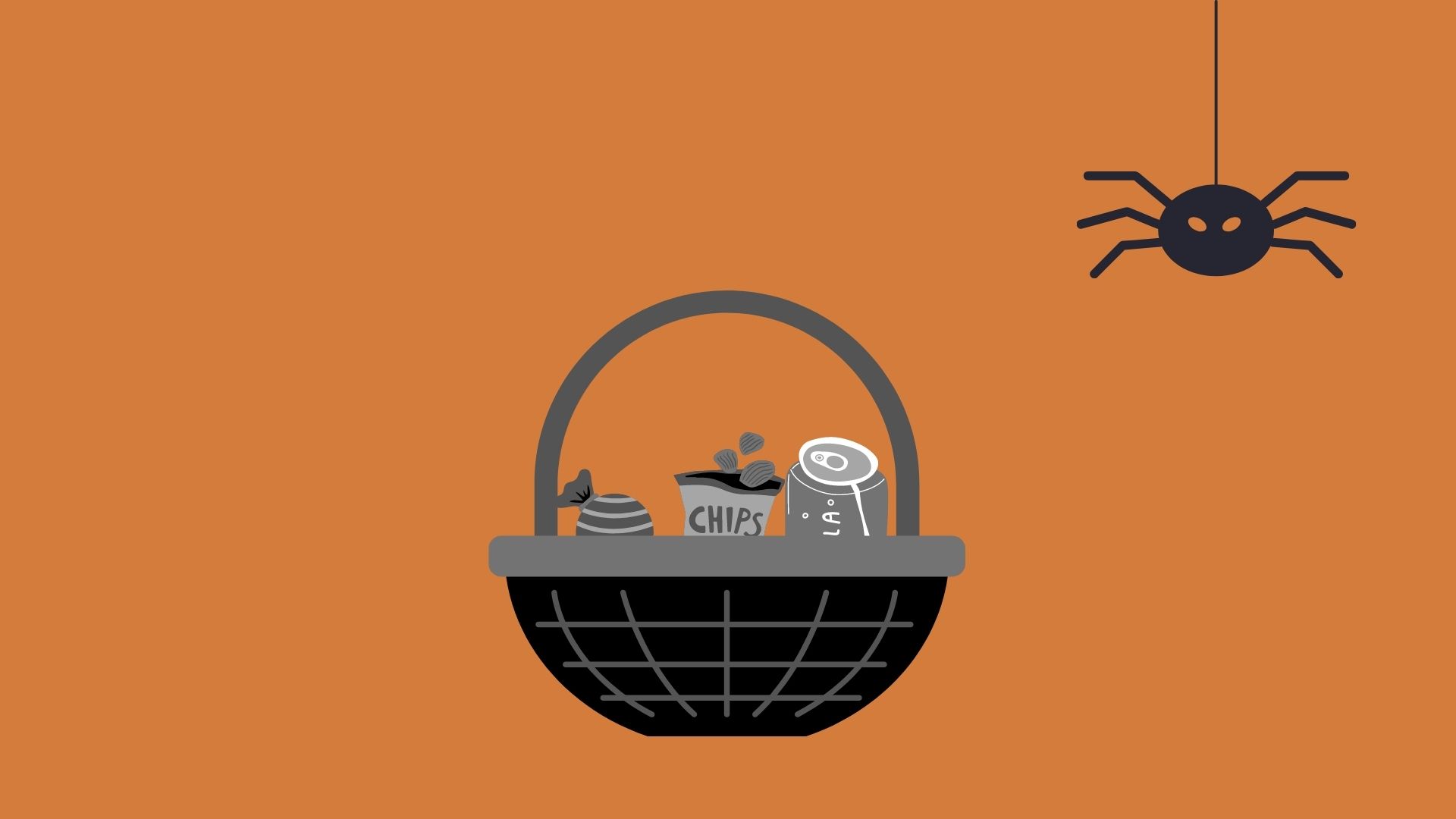 An orange background with a black and white basket filled with goodies and a black spider hanging from the top of the image