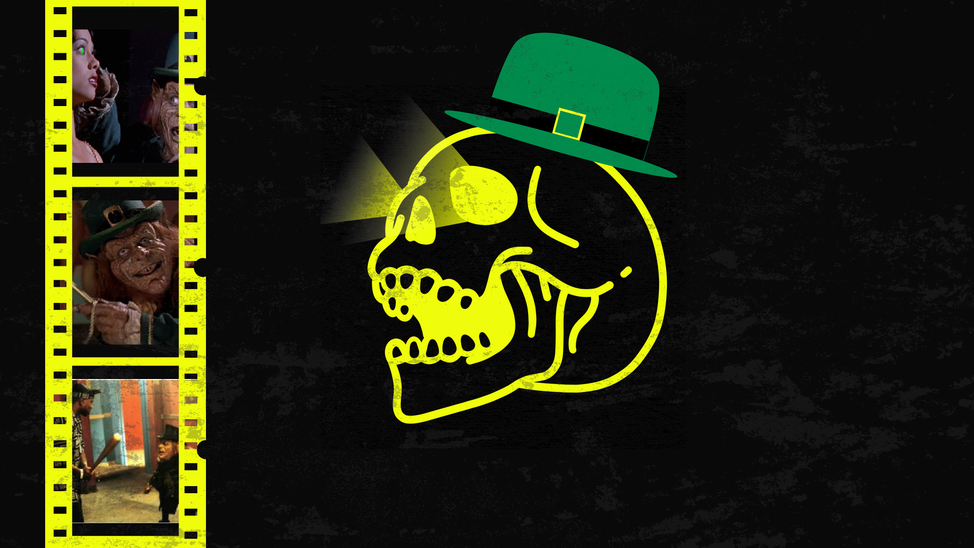 good bad movies logo skull with film reel with screenshots from leprechaun in the hood movie.