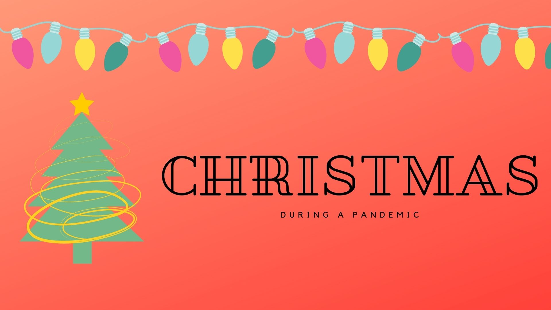 Red background with Christmas lights and a Christmas tree. “Christmas During A Pandemic” in black lettering