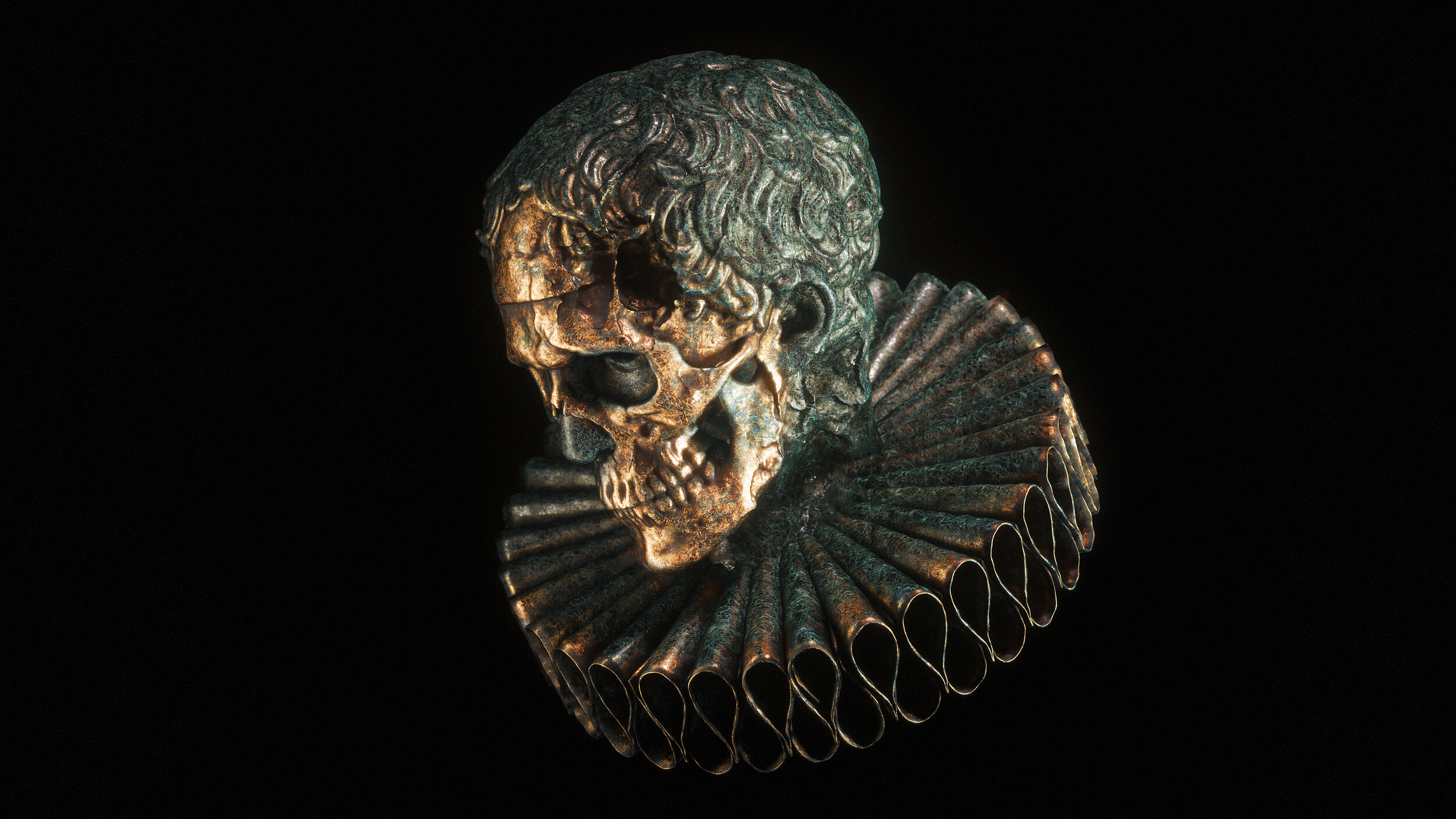 A golden skull with a frilled collar around its neck