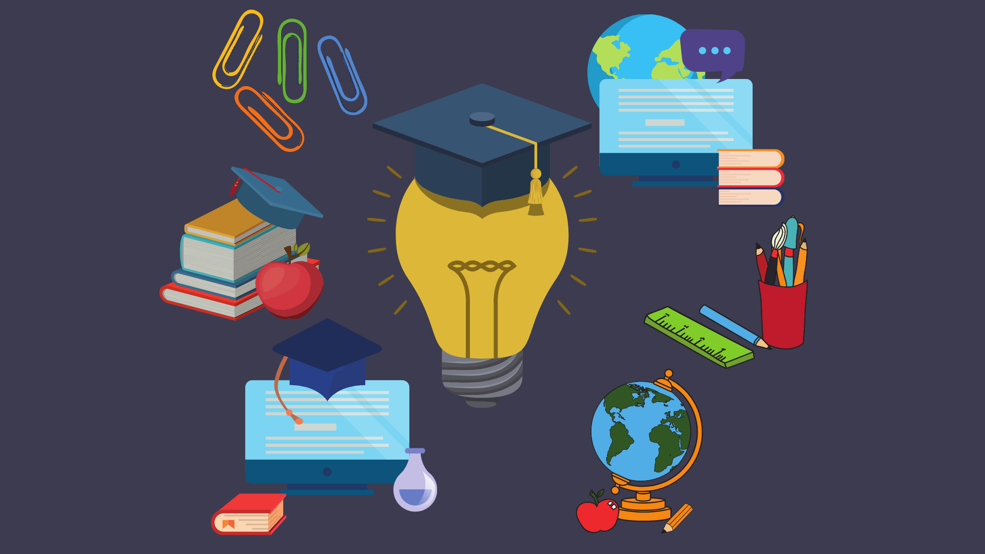 Illustration of a lightbulb, and various cartoon drawings of items such as books, computers, and graduation hats surrounding it.