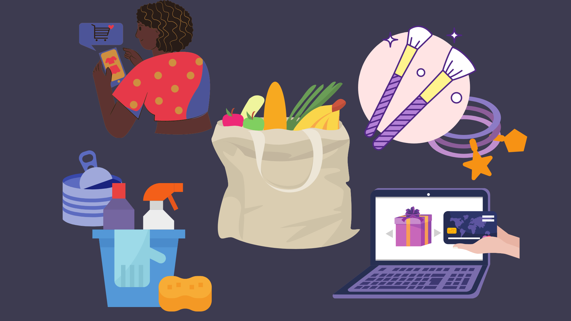 Illustration of a grocery bag, and various cartoon drawings of items such as cleaning tools, makeup, and online shopping surrounding it.
