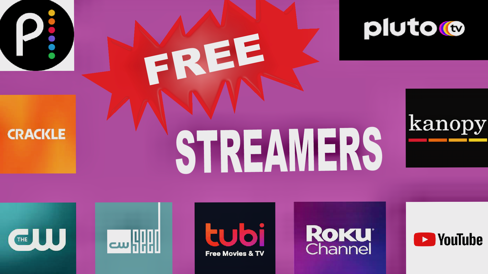 collage of Peacock, Tubi, Pluto TV, Kanopy, Crackle, The CW App, The CW Seed, The Roku Channel, and YouTube surrounding words “free streamers”