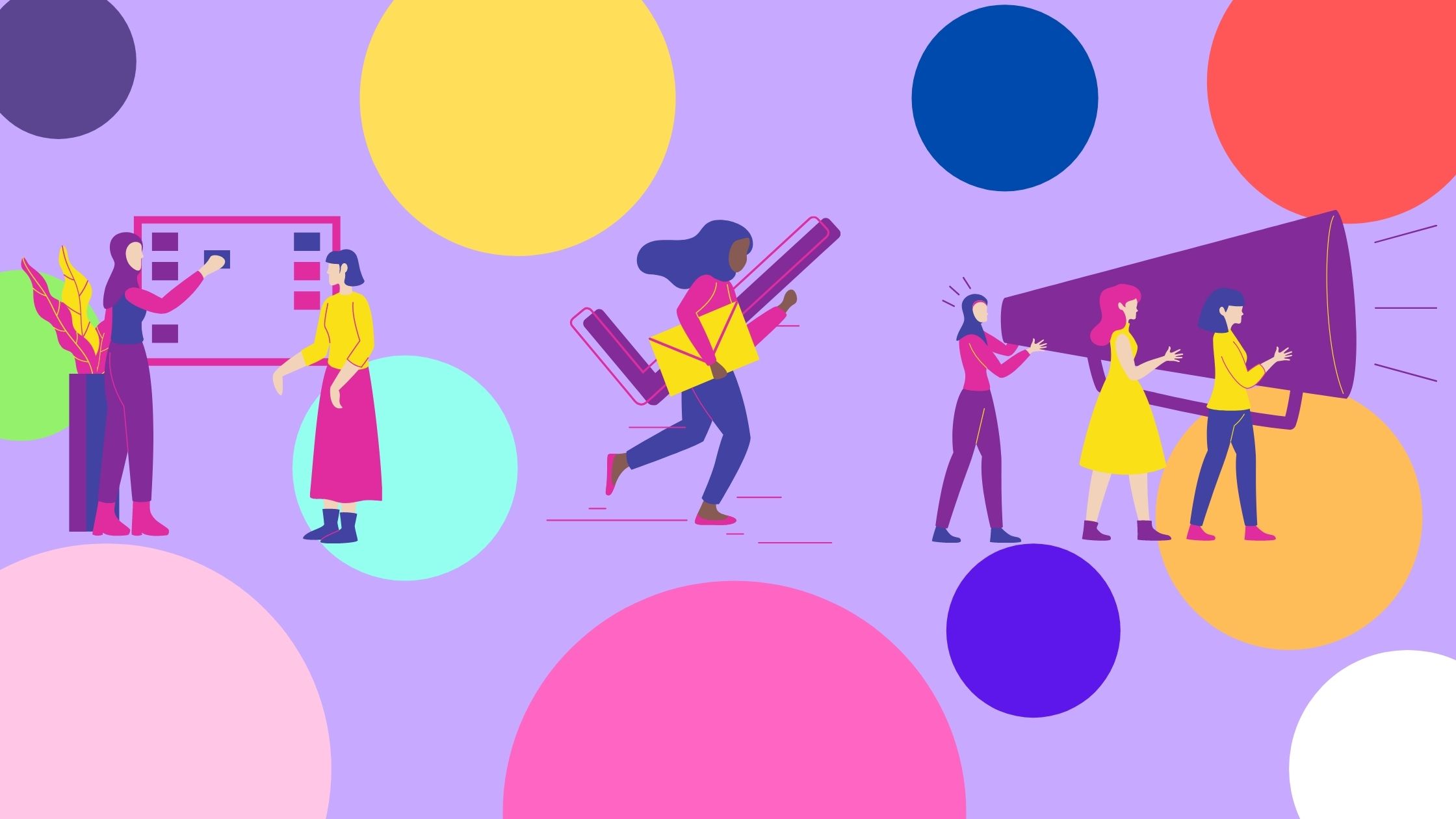 Purple background with multicolored (dark purple, blue, green, white, yellow, orange, red, and pink) polka dots floating around. In the center are three images of women learning/organizing their plans, voting, and being activists for their cause.