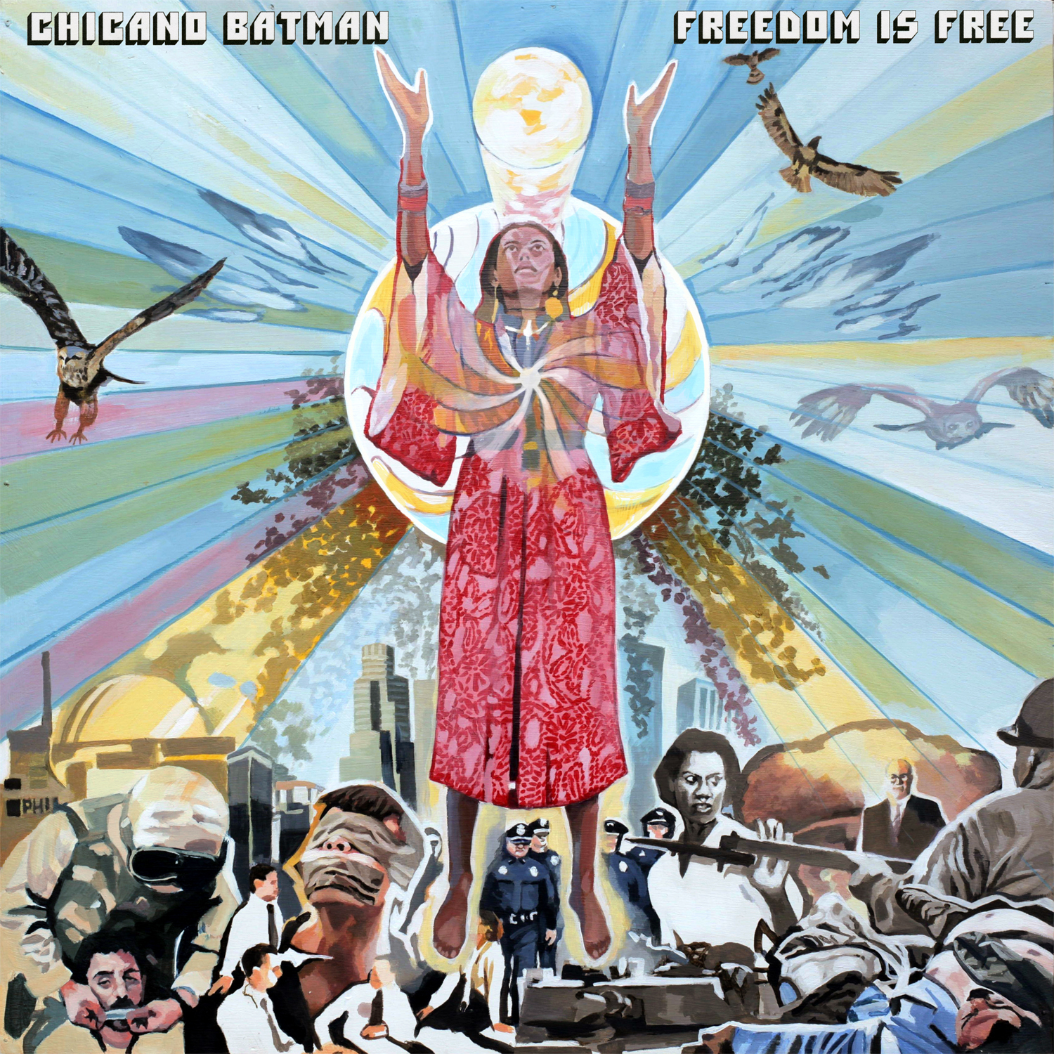 An abstract cover with an indigenous woman worshiping a sun above policemen, dead people, guns, and police brutality.