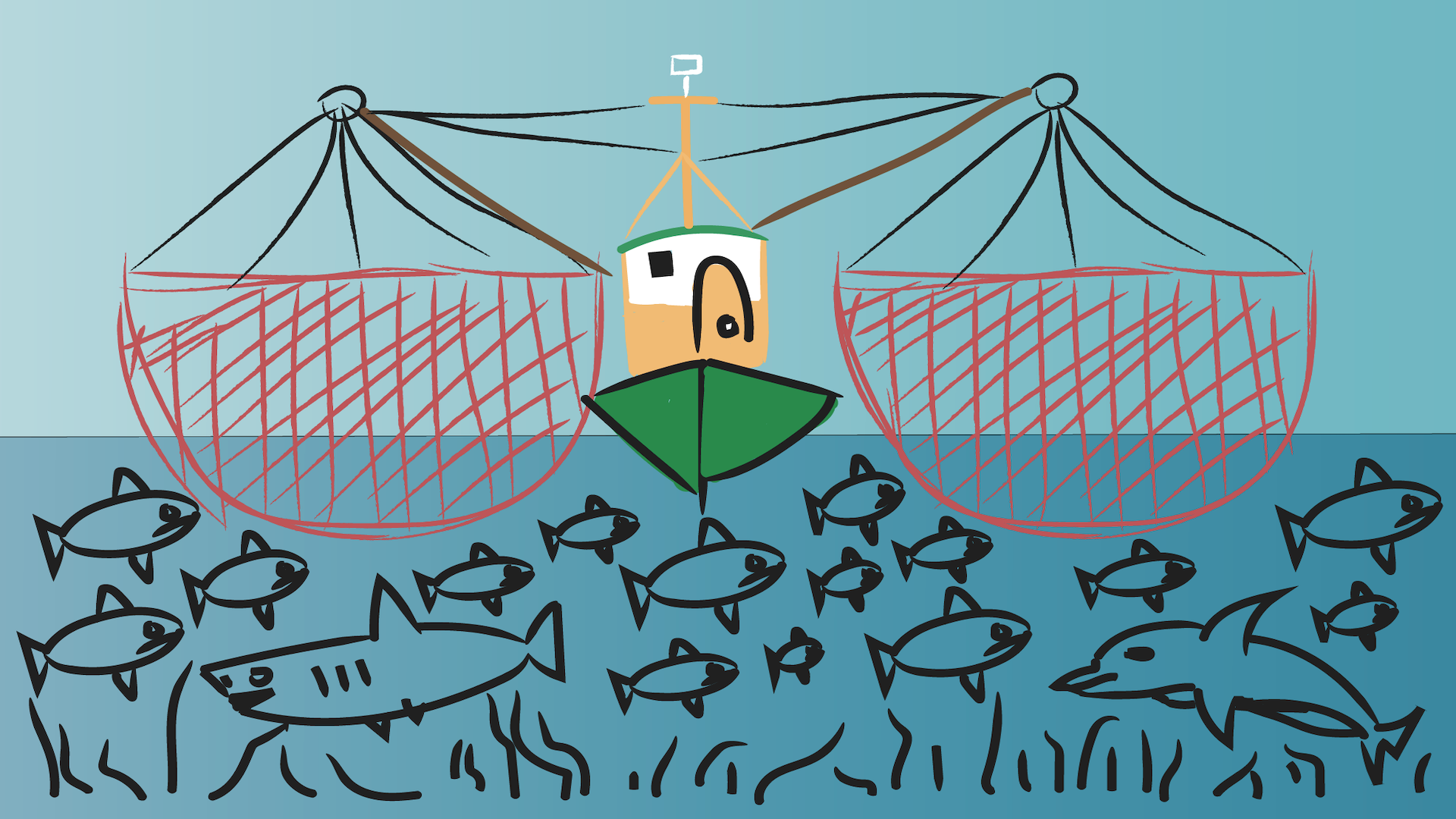 commercial fishing boat colored with fishing nets on both sides and fish and plant life below the boat