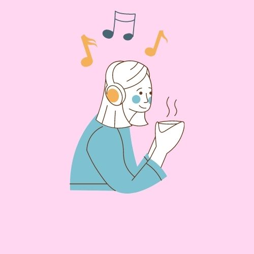 Solid light pink background with a woman listening to music through her headphone and multi-colored (orange and blue) music notes above her head.