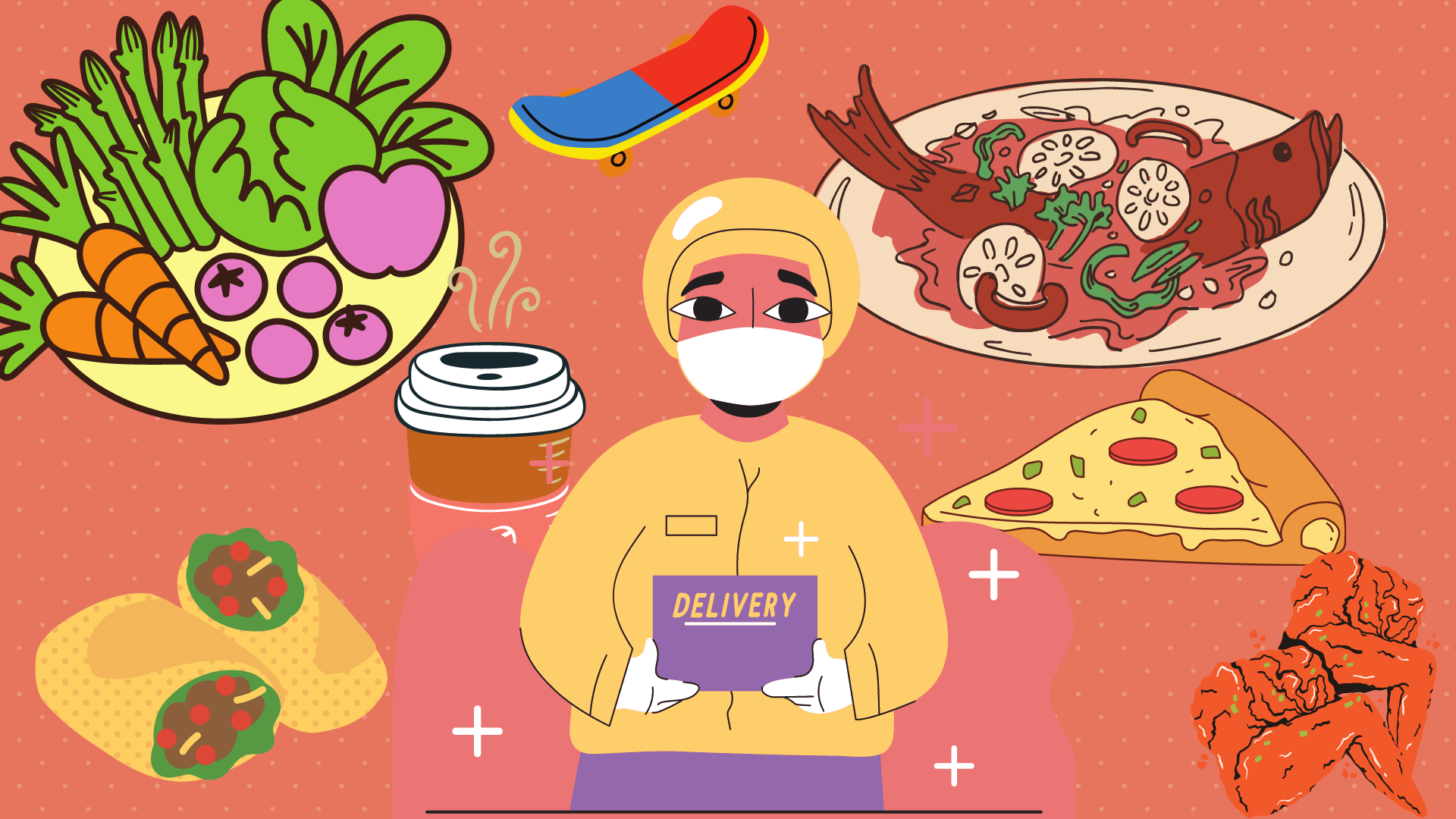 Illustration of a woman delivering a box with a background of produce, burritos, pizza, coffee, skate board and chicken wings.