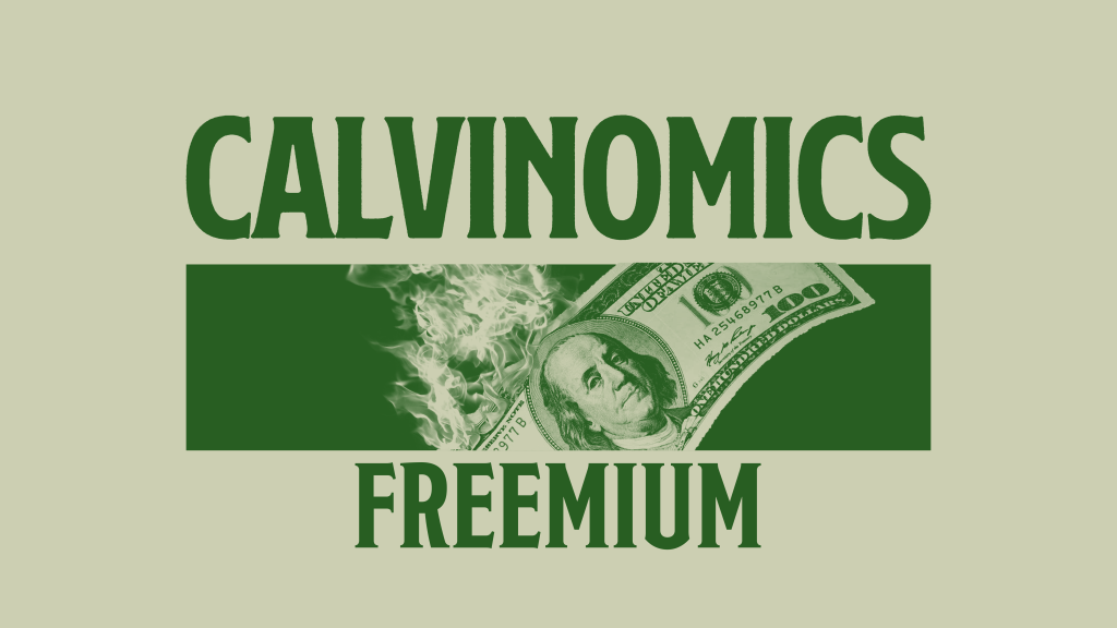 Green background with the words "Calvinomics Freemium"