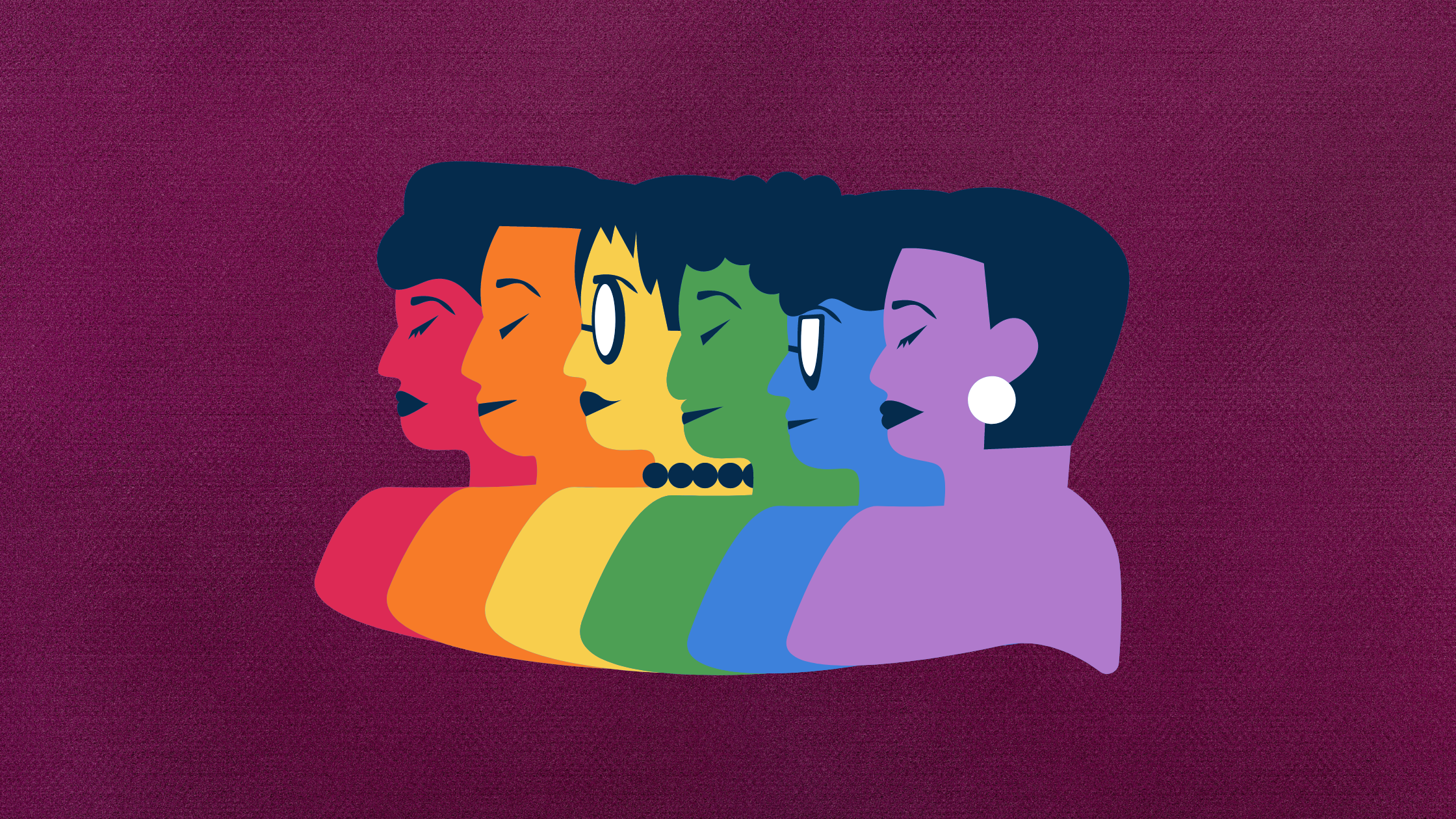 Purple background with a sticker including several faces, each a different color of the rainbow.
