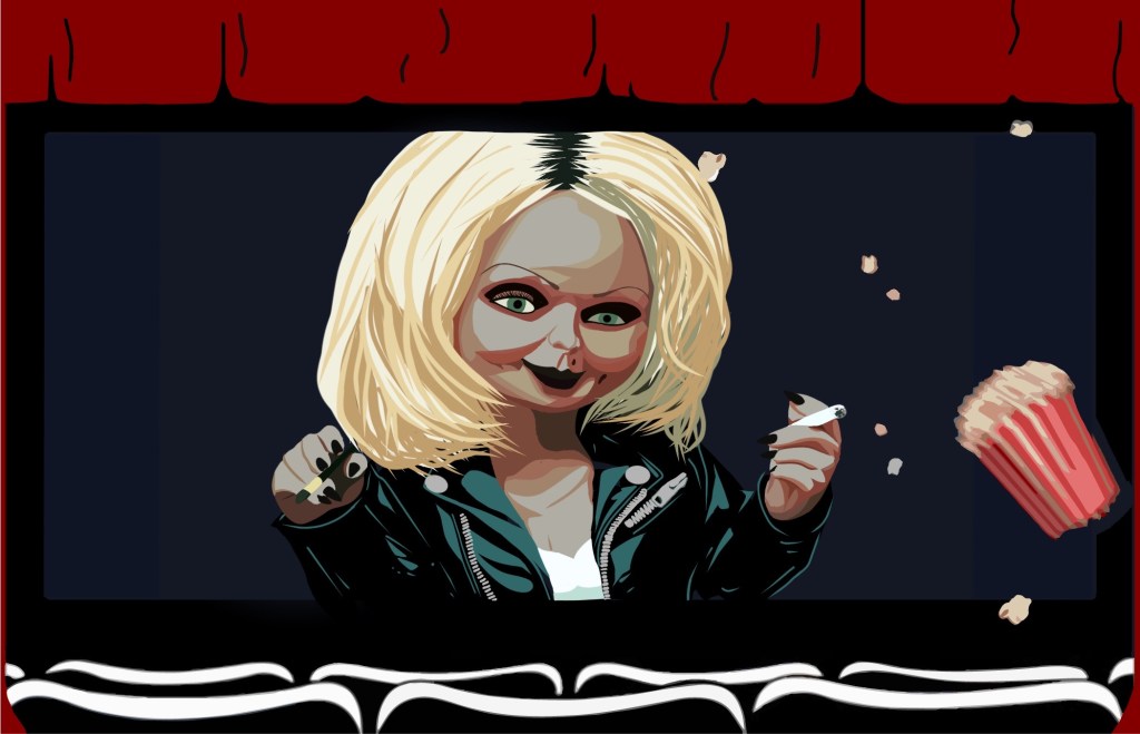 A scene from the Bride of Chucky with an illustration of a theater.