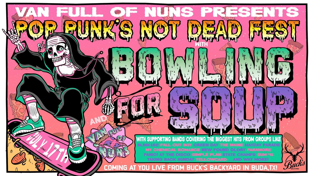 Graphic for the Pop Punk’s Not Dead fest 2021, including an illustration of a skater with a colorful background