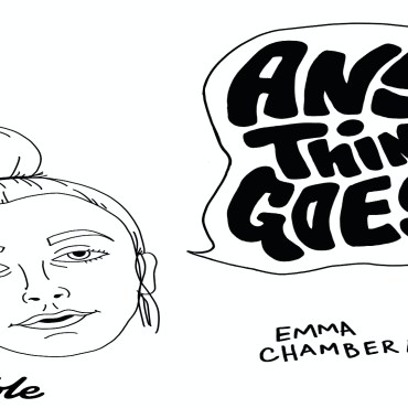 White background with doodle of Emma Chamberlain on the left, with a speech bubble saying Anything Goes.