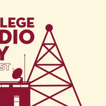Tan background with maroon stickers of a radio station and radio tower, with the words College Radio Day Oct. 1 2021 written on it.