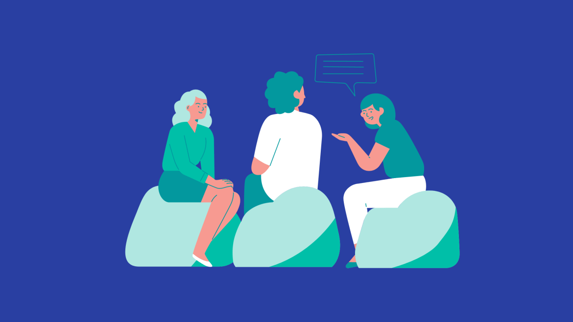 A Royal blue background with a graphic of 3 seated individuals in front having a conversation depicted by a blue dialogue box above their heads.