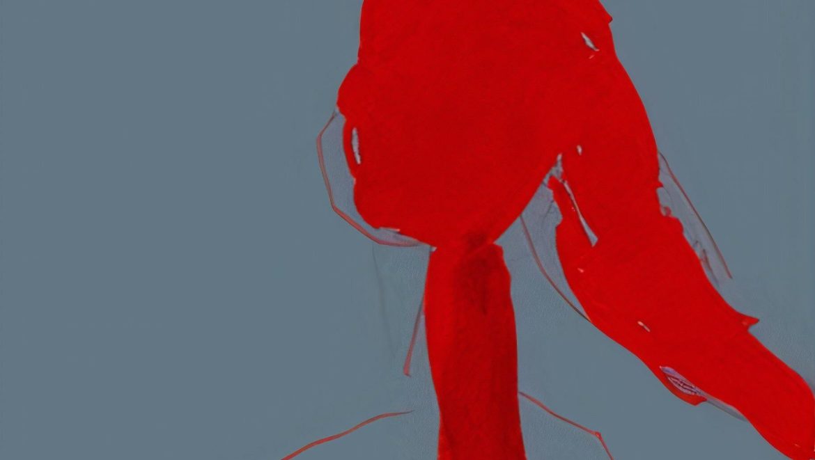 Red blotches on a plain background make the shape of a woman’s face down to her shoulders.