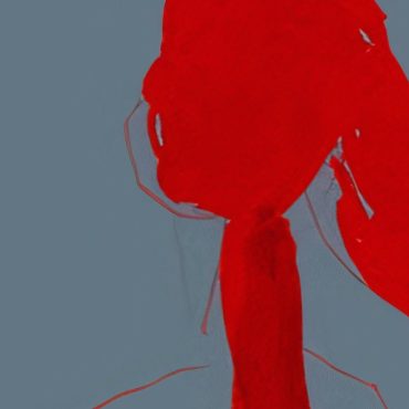 Red blotches on a plain background make the shape of a woman’s face down to her shoulders.